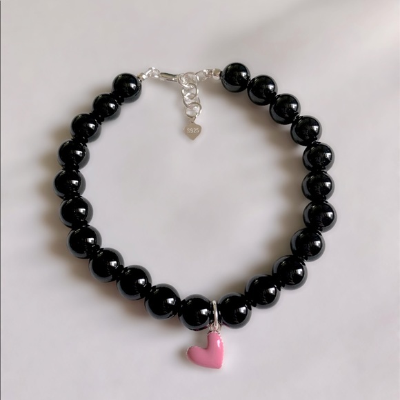 Black Onyx Sterling Silver Heart Charm Bracelet - Picture 1 of 6